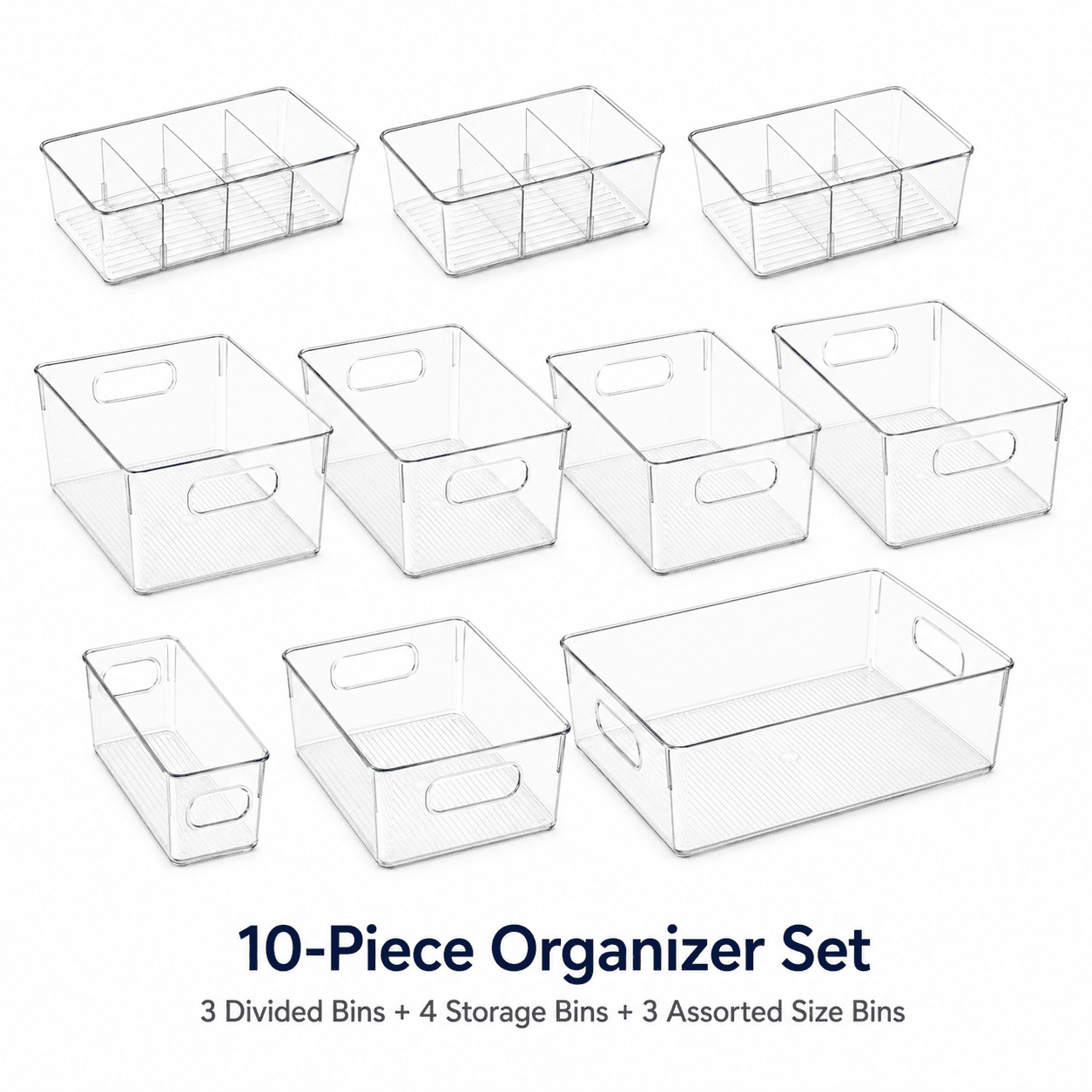 ZHOHO TANT 10 Pack Clear Pantry Organizer Bins, Plastic Fridge Storage Containers with Handles, 3 Divided Bins with Removable Dividers, 4 Large Storage Bins and 3 Size Bins for Kitchen, Cabinet