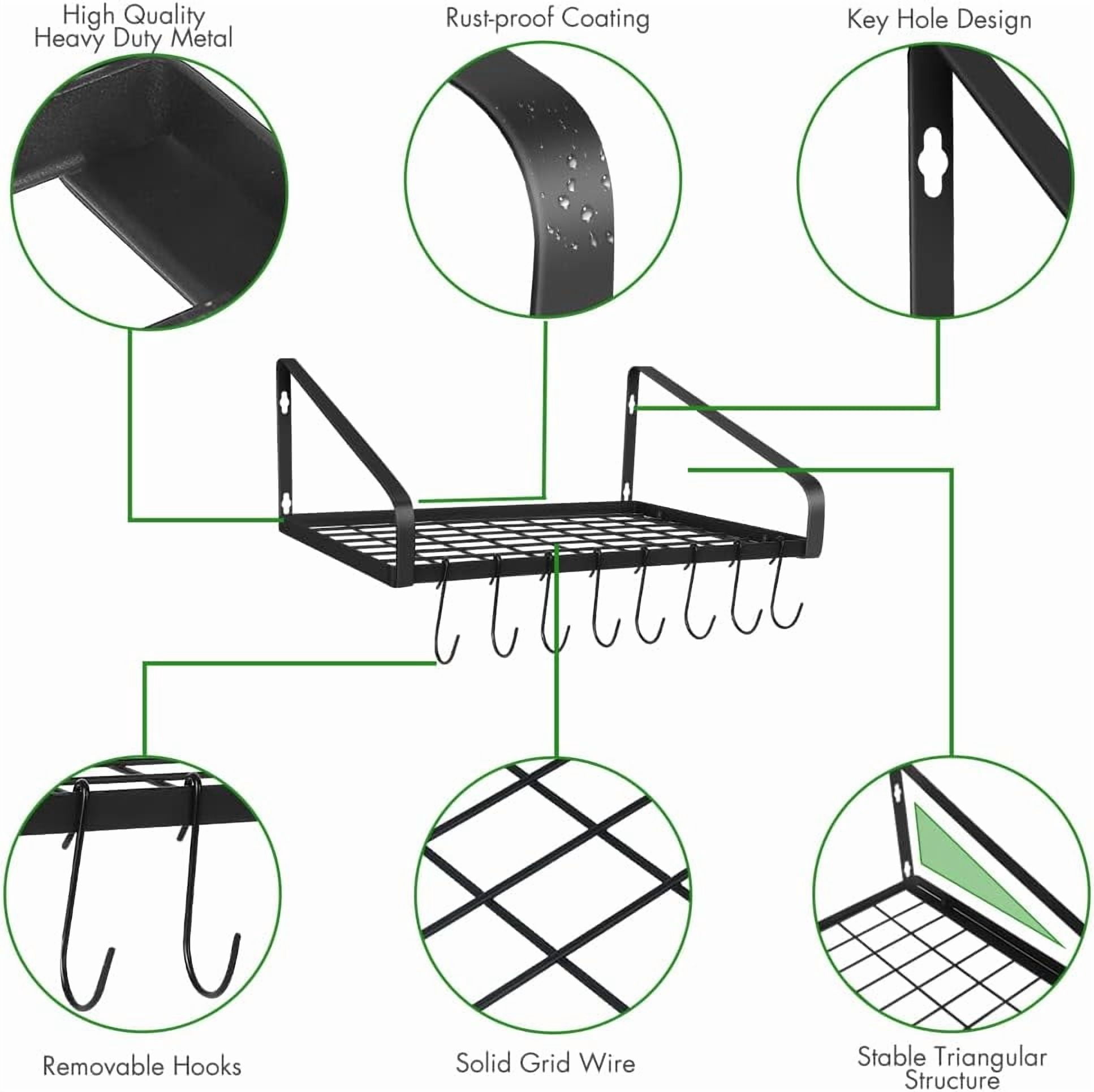 ZHOHO TANT Black Steel Wall Mounted Hanging Pot Rack with 8 Hooks for Kitchen Cookware and Utensils, 2 DIY Methods — image 3 of 7