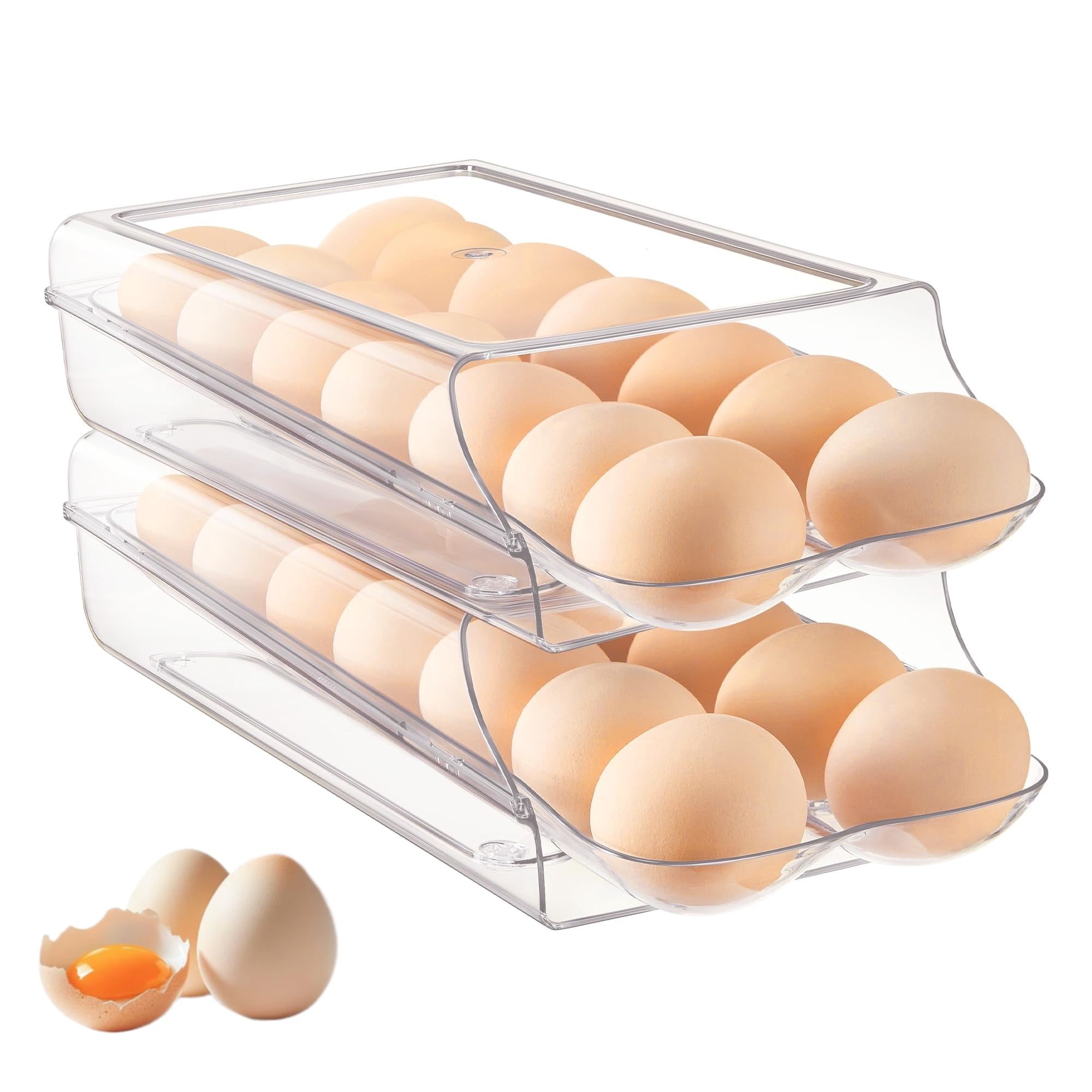 2 Pack Pull-out Egg Holder for Fridge, Automatic Rolling Egg Container