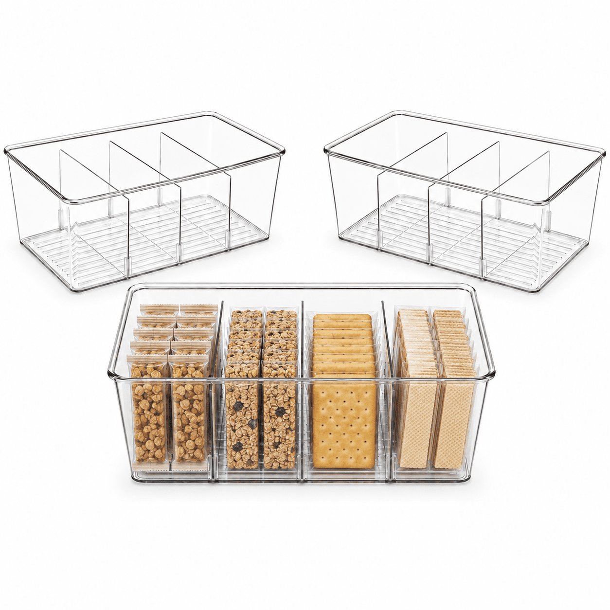 3 Pack Food Storage Organizer Bins, Clear Plastic Bins for Pantry, Kitchen, Fridge, Cabinet Organization and Storage, 4 Compartment Holder Packets, Snacks