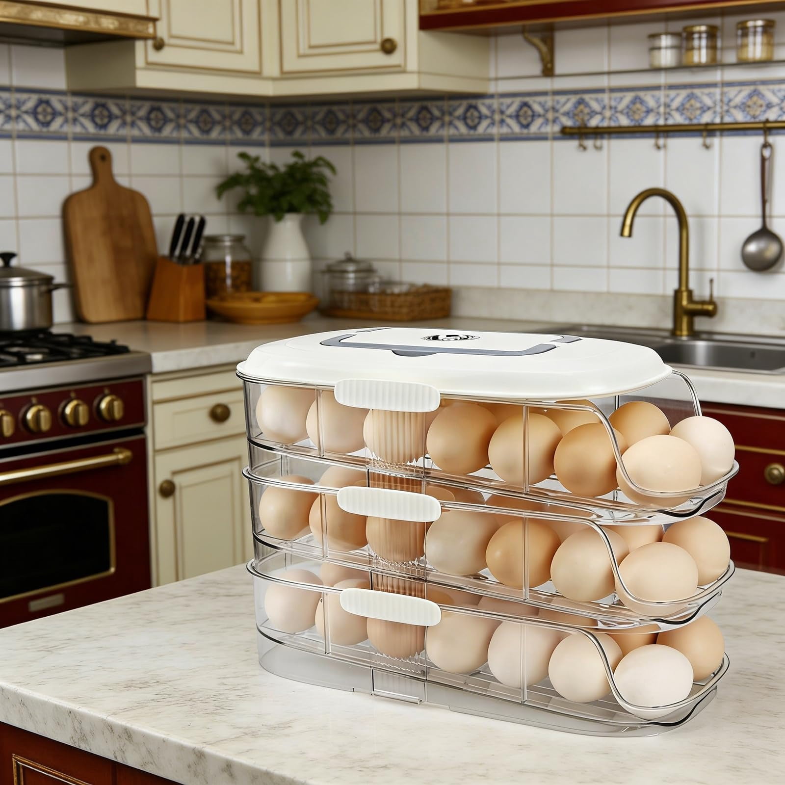 Clear Stackable 3 Tier Automatic Rolling Egg Dispenser With Handle White — image 8 of 9
