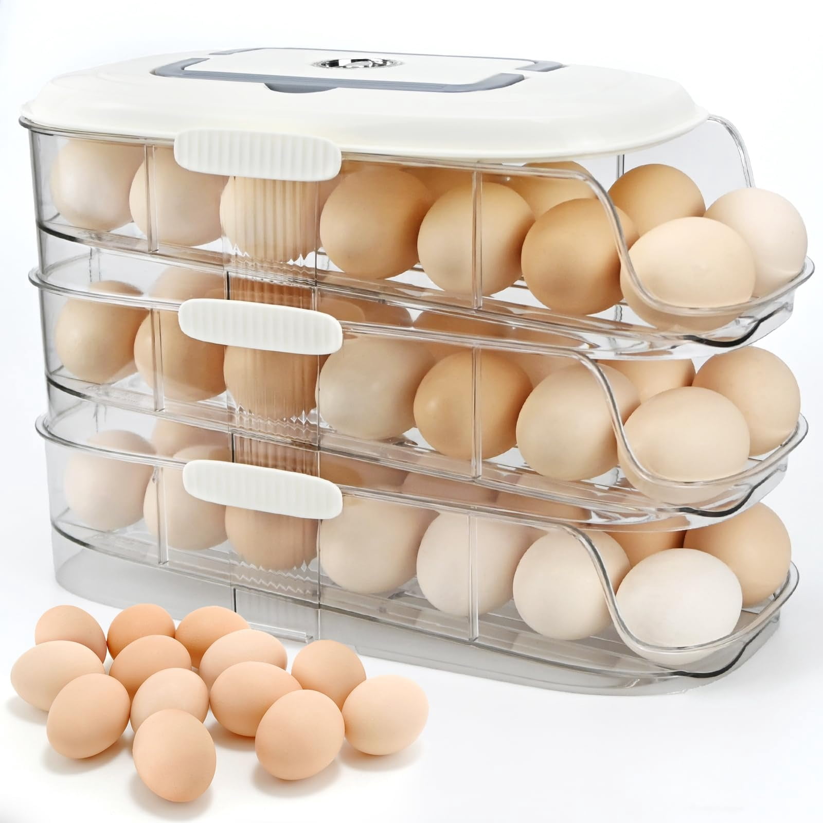 Clear Stackable 3 Tier Automatic Rolling Egg Dispenser With Handle White