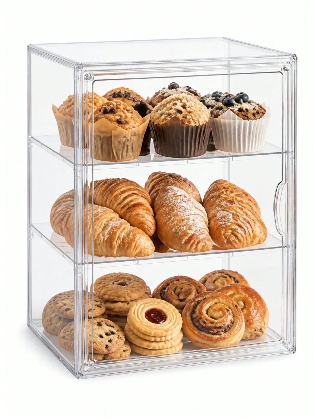 Clear Acrylic Bread Box With Magnetic Door, 3-Tier Pastry Display Case For Bakery Display And Counter Organization