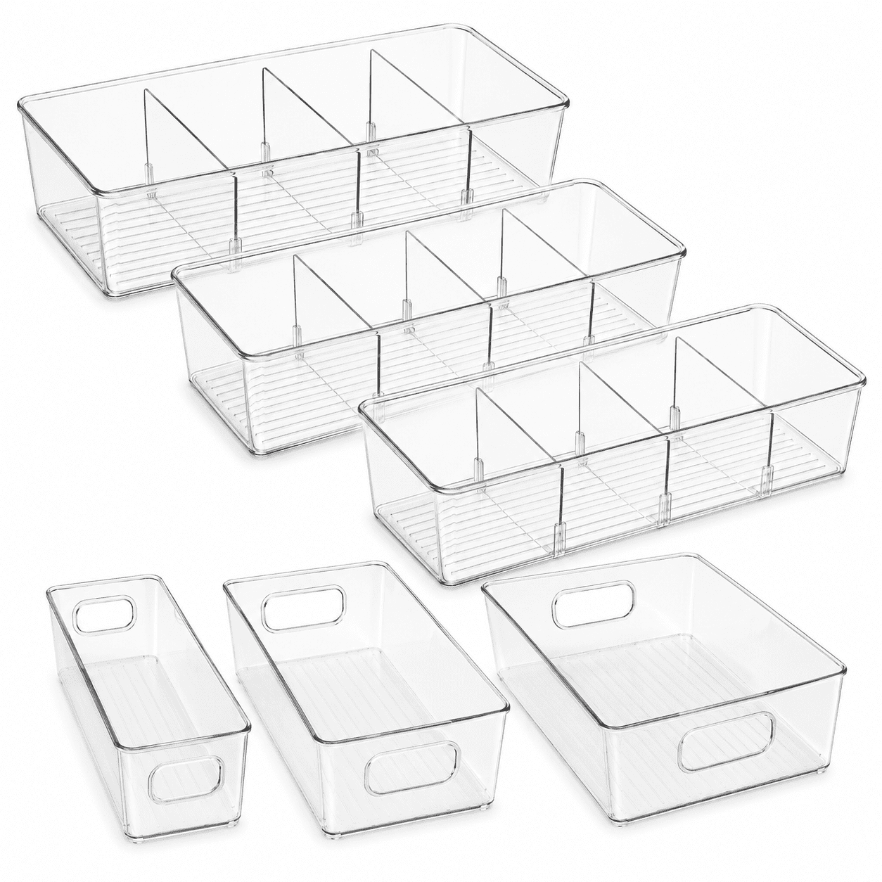 ZHOHO TANT 6 Pack Clear Organizer Bins for Fridge and Pantry, 3 Divided Storage Bins with Removable Dividers and 3 Multi-Size Bins with Handles, Plastic Organization Containers for Kitchen, Cabinet a
