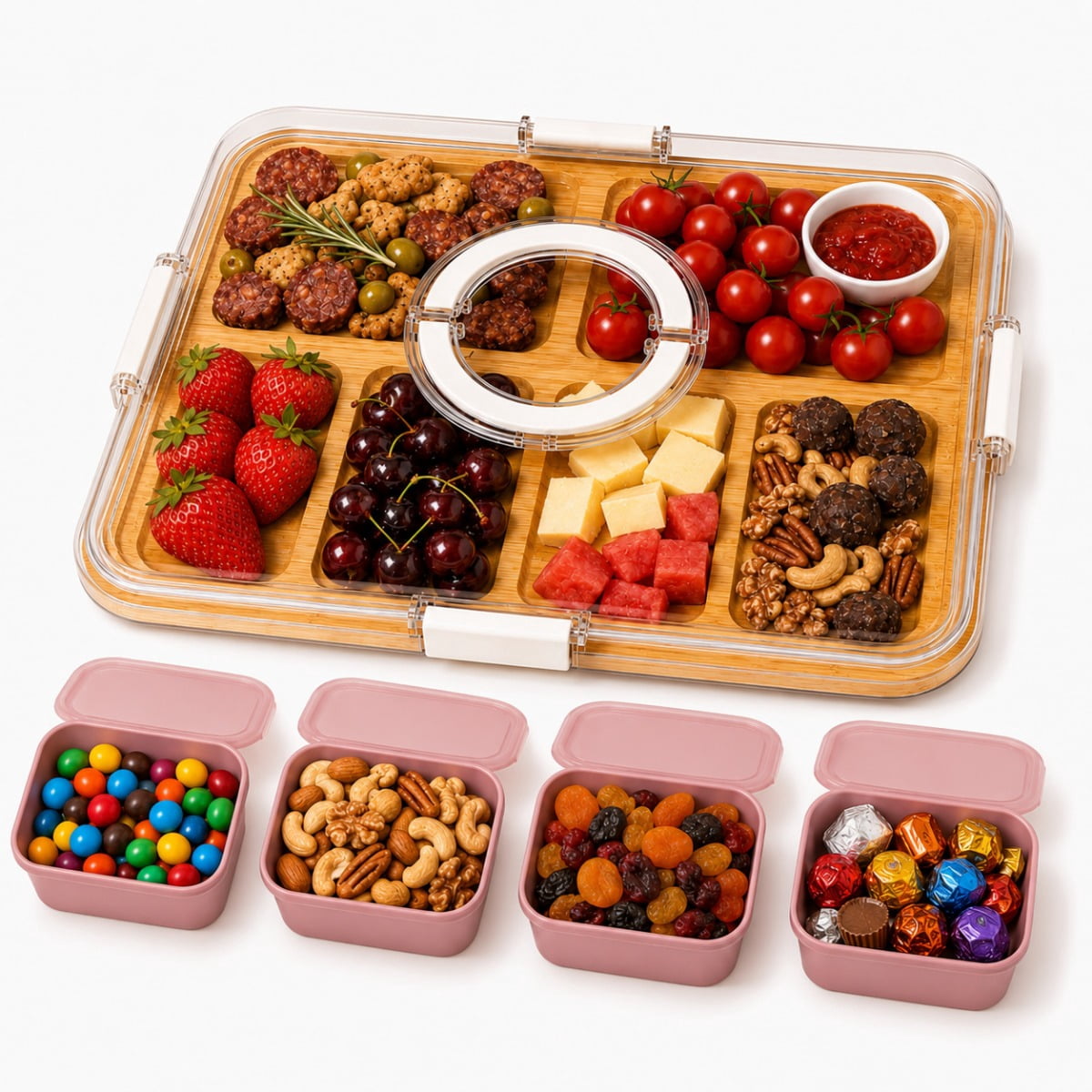 Bamboo Charcuterie Board with Lid and Handle, 6-Compartment Snack Tray with 4 Lidded Mini Containers, Reversible Serving & Cutting Board for Picnics, Parties, Road Trips