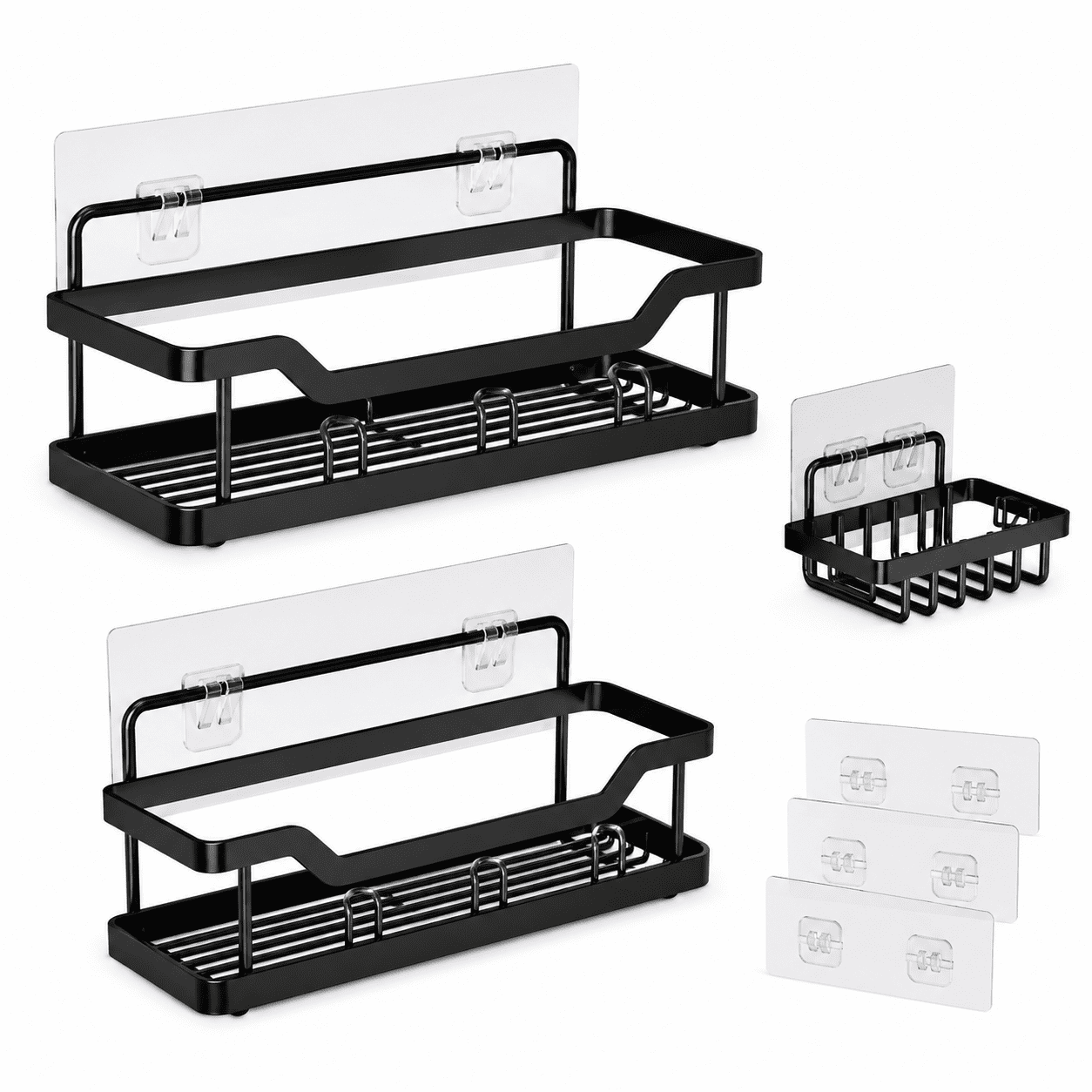 Adhesive Shower Caddy 3/5 Count, Large Capacity Bathroom Organizers and Storage, No Drilling Wall-Mounted Basket, Black