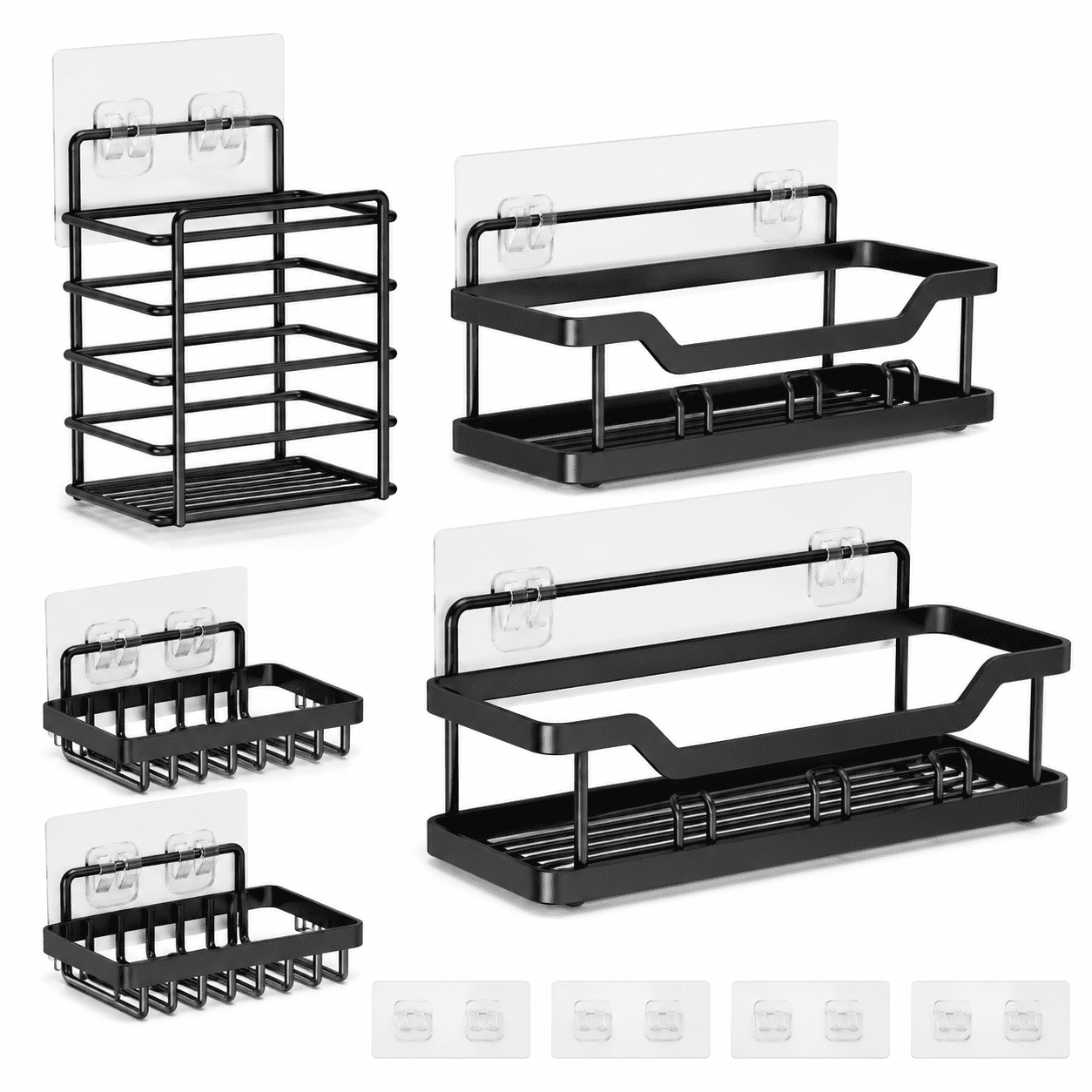 Adhesive Shower Caddy 3/5 Count, Large Capacity Bathroom Organizers and Storage, No Drilling Wall-Mounted Basket, Black