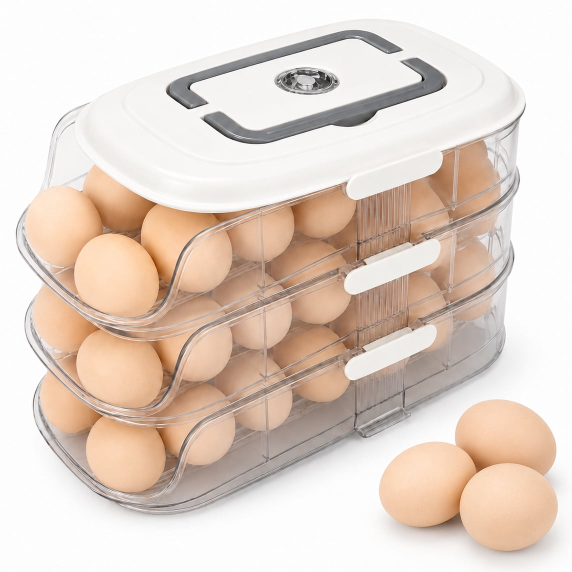 Egg Organizer for Refrigerator, 3-Tier Rolling Dispenser 42 Eggs | Egg Holder for Fridge with Lid, Handle, Timer Tracker, Stackable BPA-Free Countertop Storage, Beige and Brown