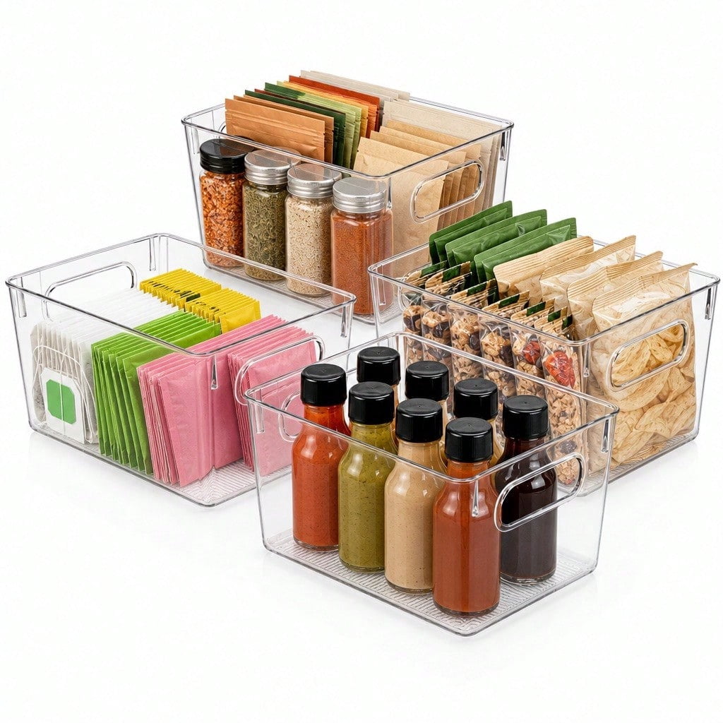 4 Pack Clear Stackable Kitchen Pantry Organizer Bins With Handles, Plastic Storage Containers For Spice Packets Snacks And Cabinets, 10 X 6 X 5 In