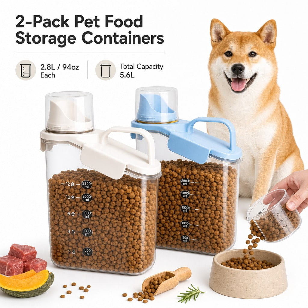 2-Pack Pet Food Storage Bins With Twist Measuring Cups, Large Spout Airtight Kibble Container Set